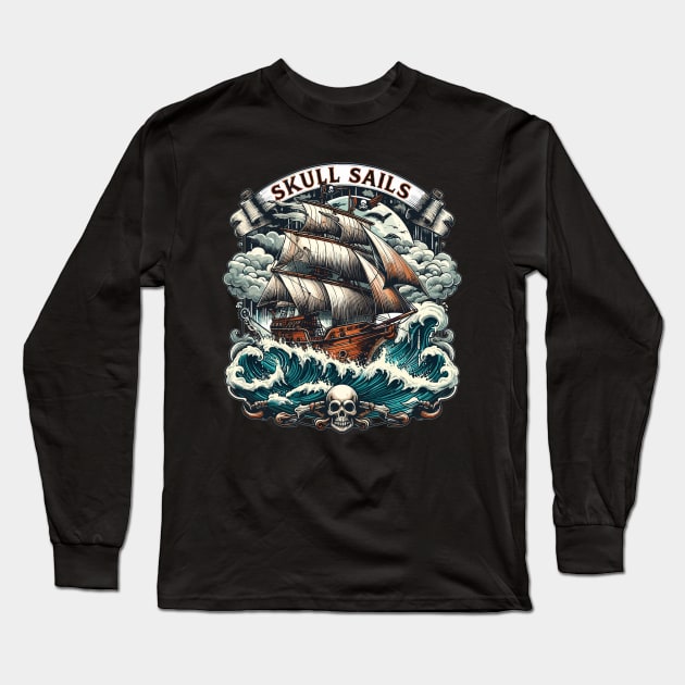 Pirate Ship, Skull Sails Long Sleeve T-Shirt by Vehicles-Art